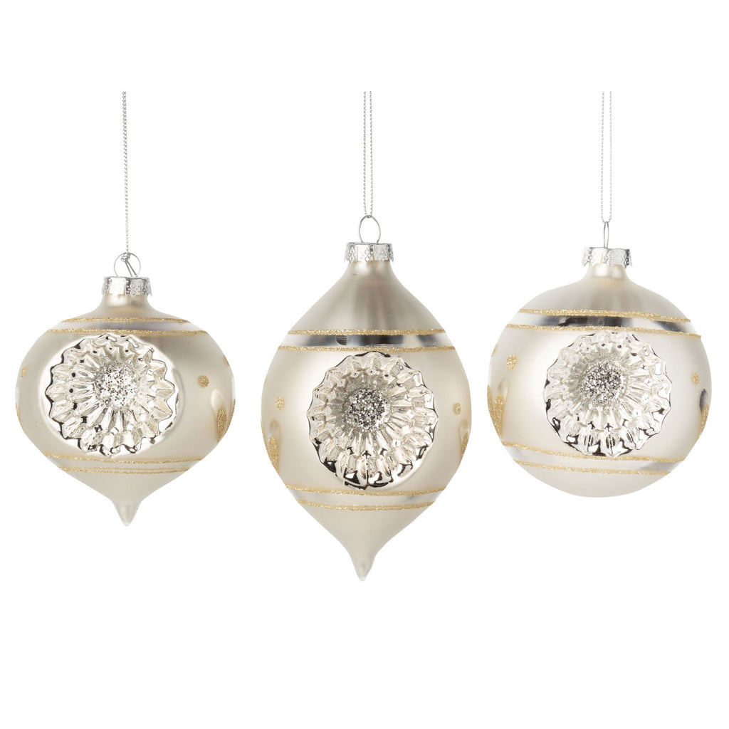 Glass Reflector Ornament | Matte White and Gold Glitter