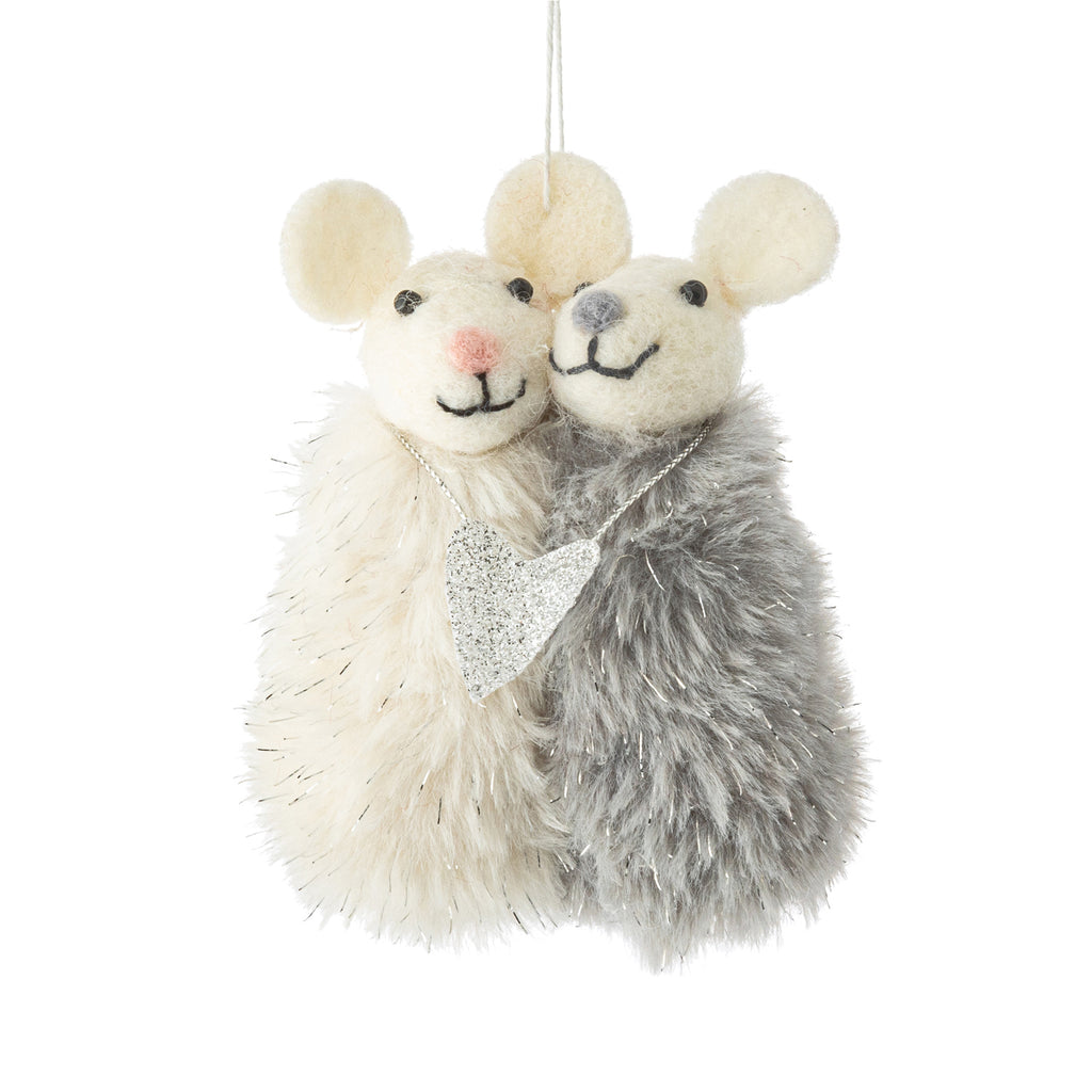 Felted Mouse Ornament | Hugging Mice with Silver Heart