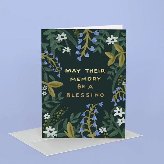 Greeting card with floral design and text 'May their memory be a blessing' on a blue background | Idlewild Empathy & Sympathy Card | Memory Blessing