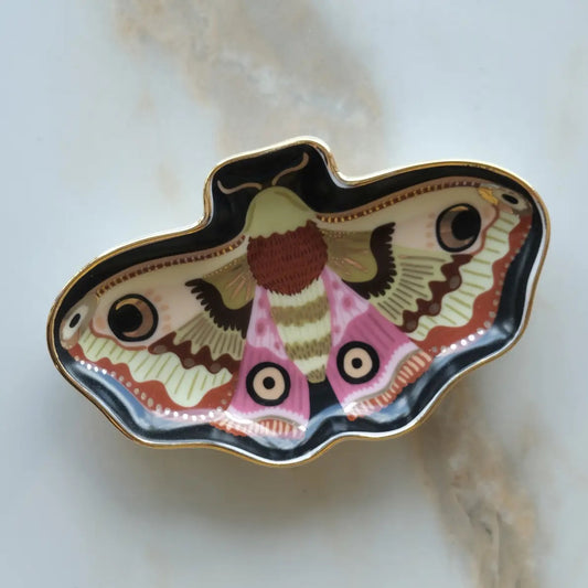 Decorative butterfly-shaped dish with intricate design on a marble surface | Idlewild Moon Moth Porcelain Trinket Dish
