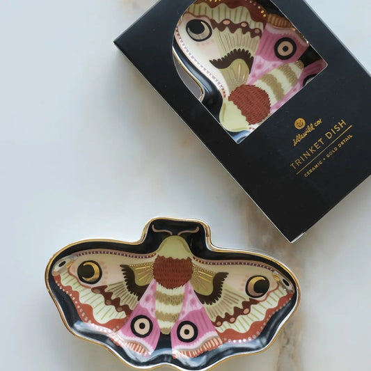 Decorative butterfly-shaped trinket dish with a matching box on a light background | Idlewild Moon Moth Porcelain Trinket Dish