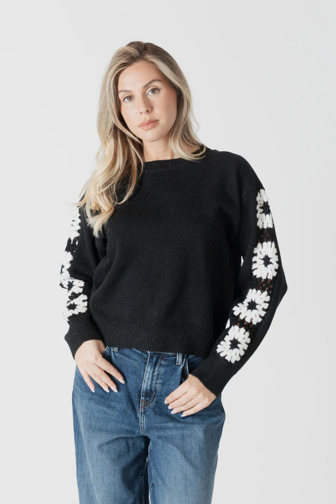 Lyla + Luxe Raya Crewneck Sweater | Embroidery-Black/White