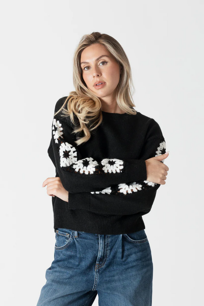 Lyla + Luxe Raya Crewneck Sweater | Embroidery-Black/White