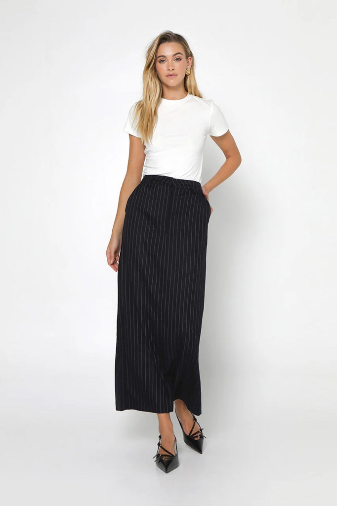 Madison the Label Lloyd Maxi Skirt | Navy Pinstripe, Designed in Australia