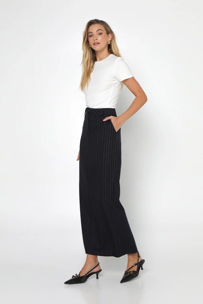 Madison the Label Lloyd Maxi Skirt | Navy Pinstripe, Designed in Australia