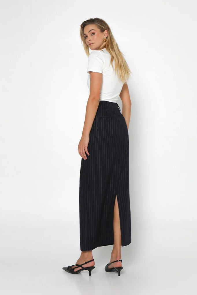 Madison the Label Lloyd Maxi Skirt | Navy Pinstripe, Designed in Australia