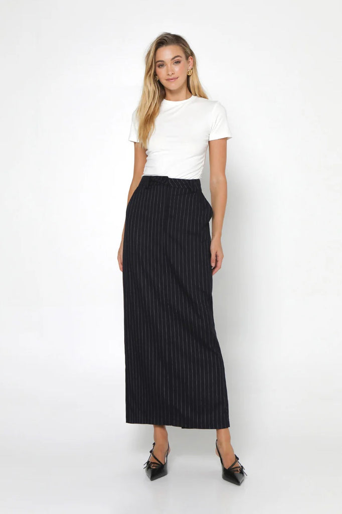 Madison the Label Lloyd Maxi Skirt | Navy Pinstripe, Designed in Australia