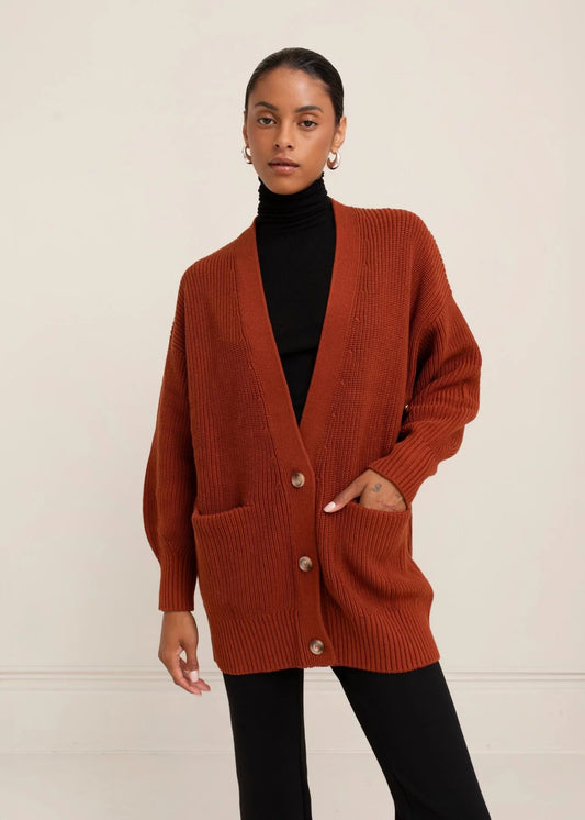Paper Label Mari Cardigan Brick Red | Designed in Canada
