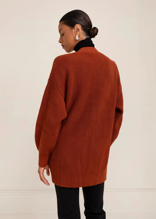Paper Label Mari Cardigan Brick Red | Designed in Canada