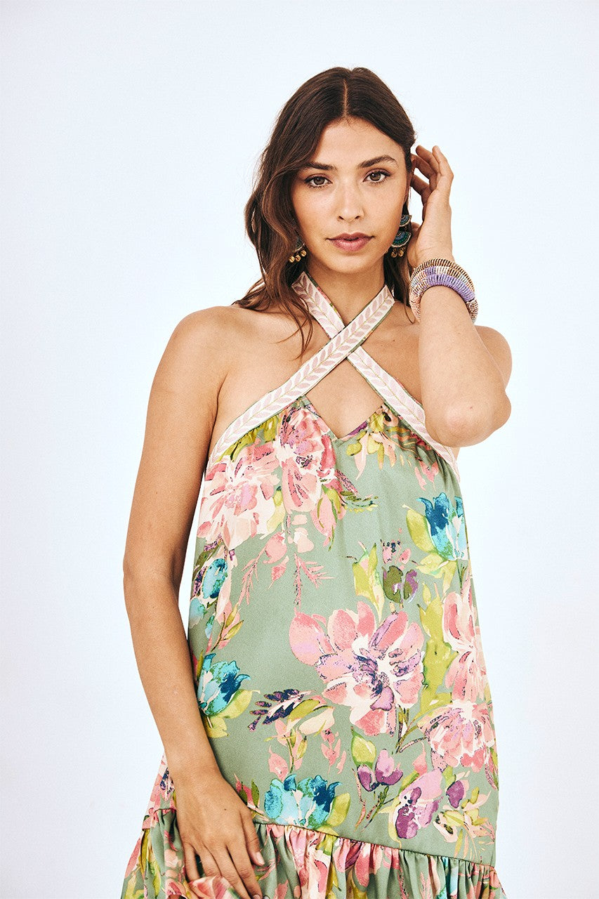 Floral Halter Mini Dress - Green