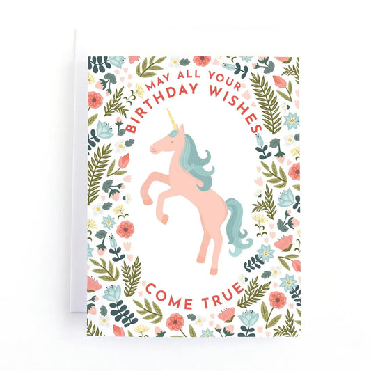 Greeting card with a unicorn and floral design on a white background | Pedaller Designs Birthday Card, Floral Unicorn |  Made in Canada