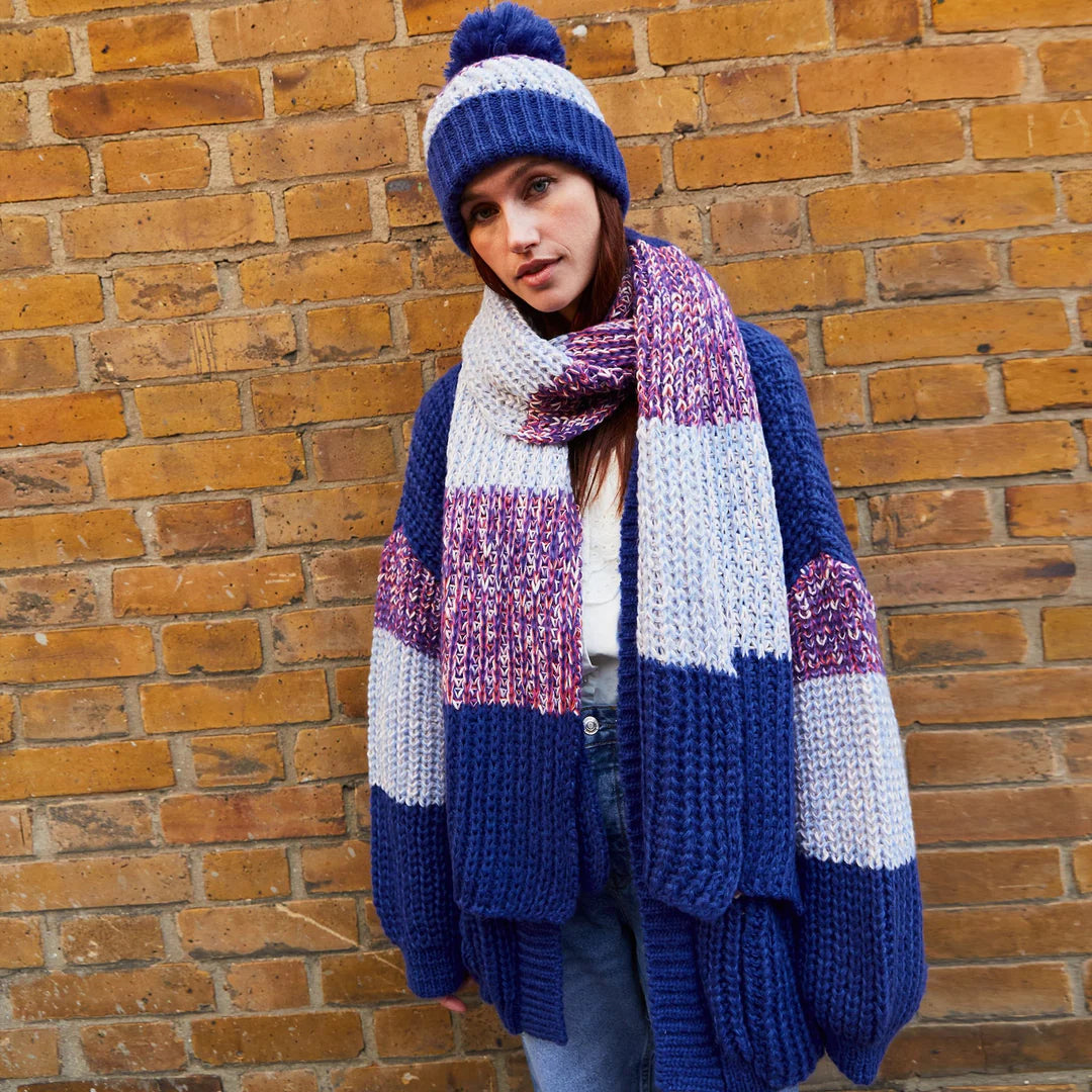 Cara & The Sky Phoebe Stripe Beanie Bobble Hat | Cobalt