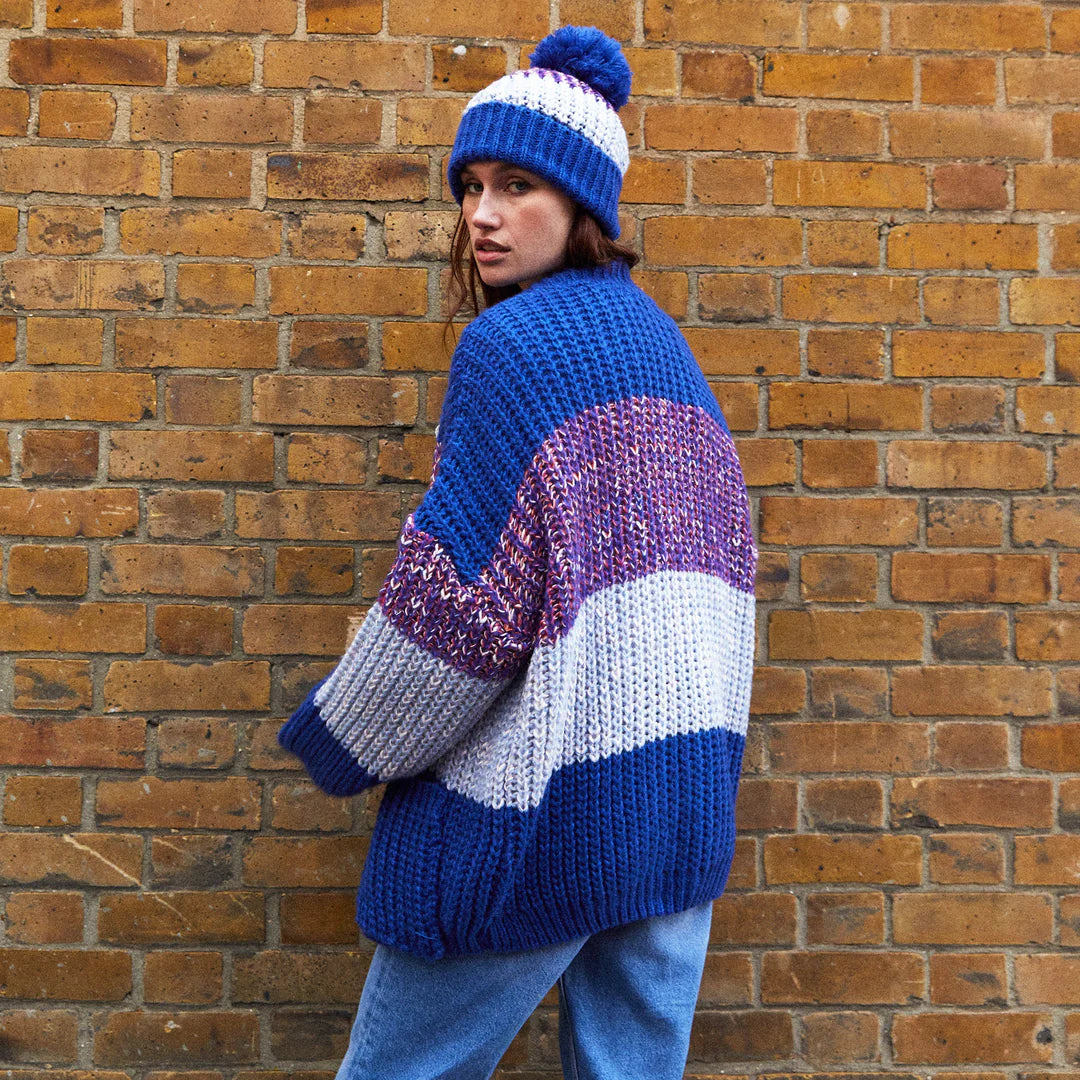 Cara & The Sky Phoebe Stripe Beanie Bobble Hat | Cobalt