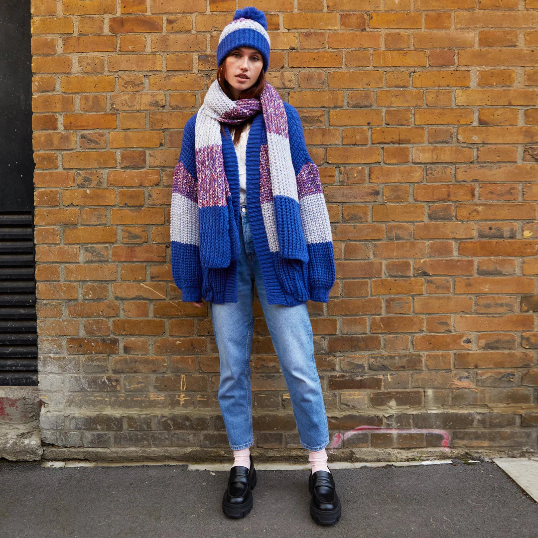 Cara & The Sky Phoebe Stripe Beanie Bobble Hat | Cobalt