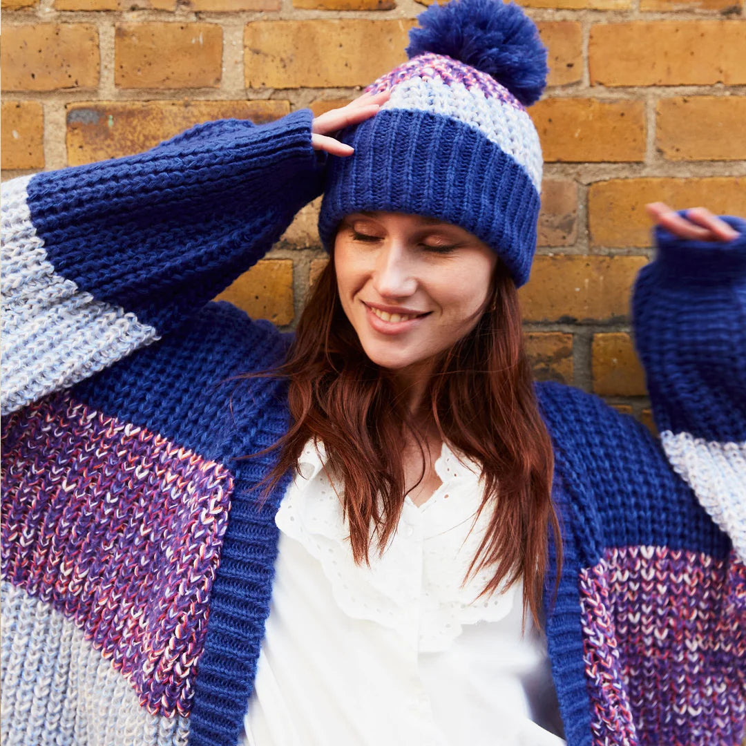 Cara & The Sky Phoebe Stripe Beanie Bobble Hat | Cobalt