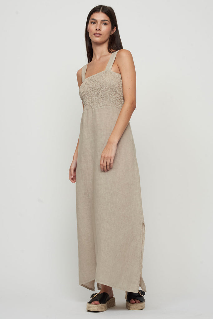 Pistache Maxi Linen Bunched Top Sleeveless Dress, Flax | Made in Italy