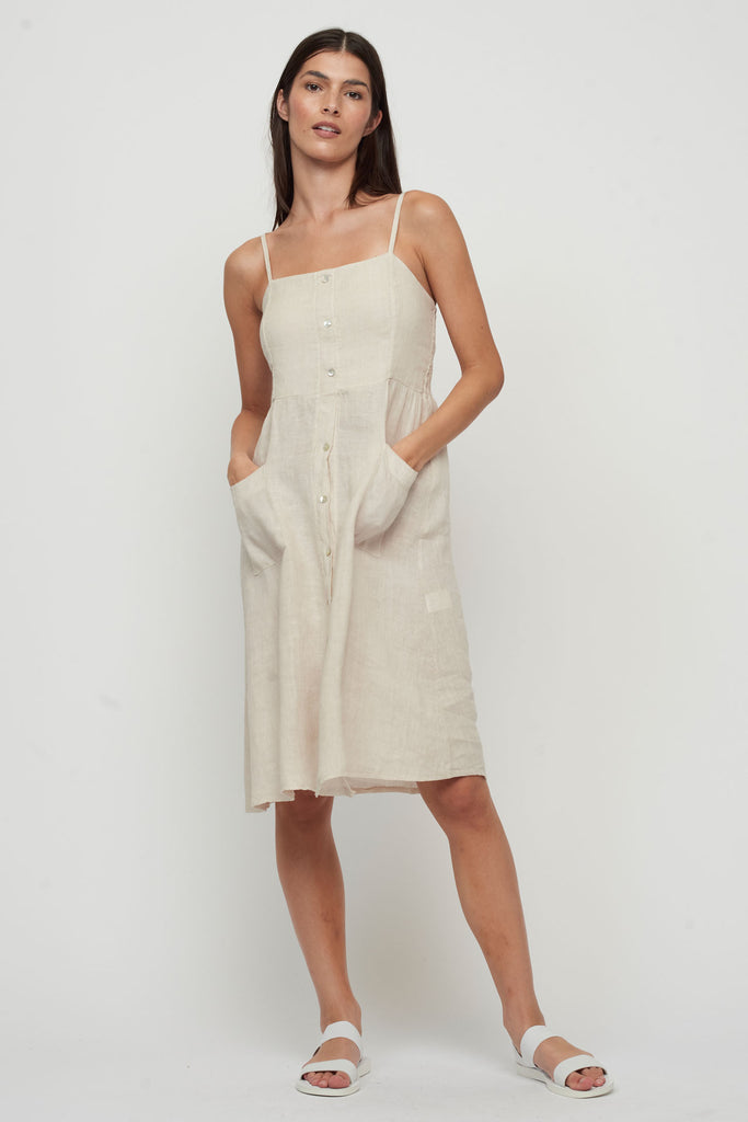 Pistache Button Down Linen Sun Dress, Nude | Made in Italy