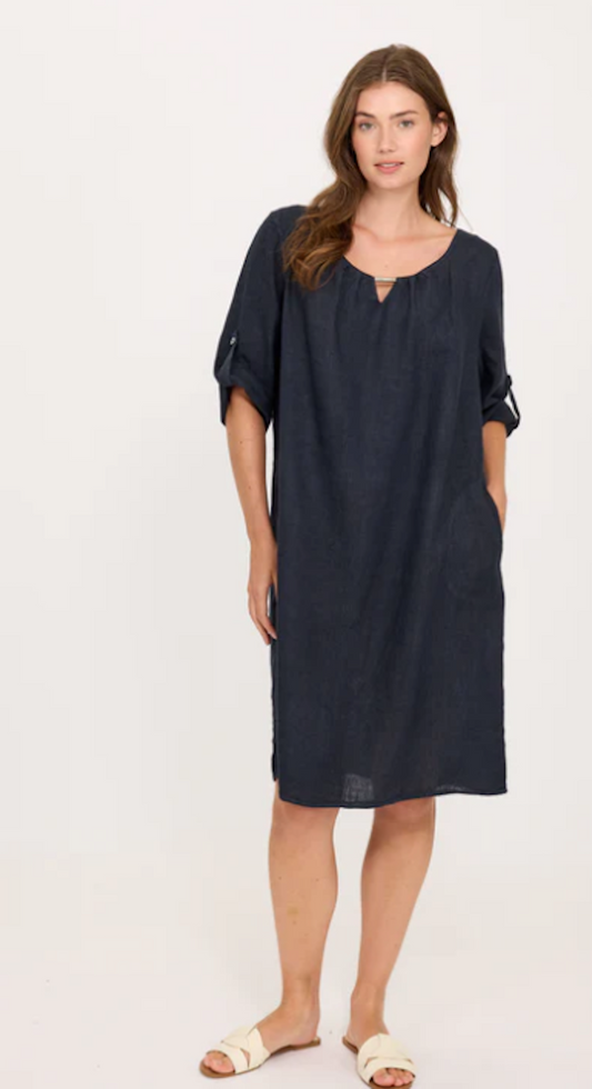 Key Hole Linen Dress - Midnight Navy