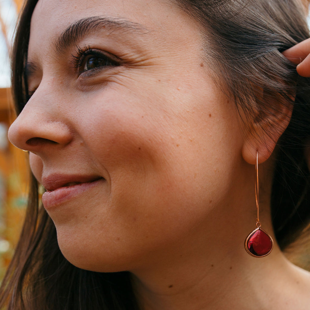 A Pocket of Posies | Glass Drop Earrings | Rose Gold Cherry Red