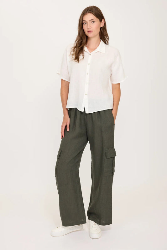 Short Sleeve Linen Blouse - Panna