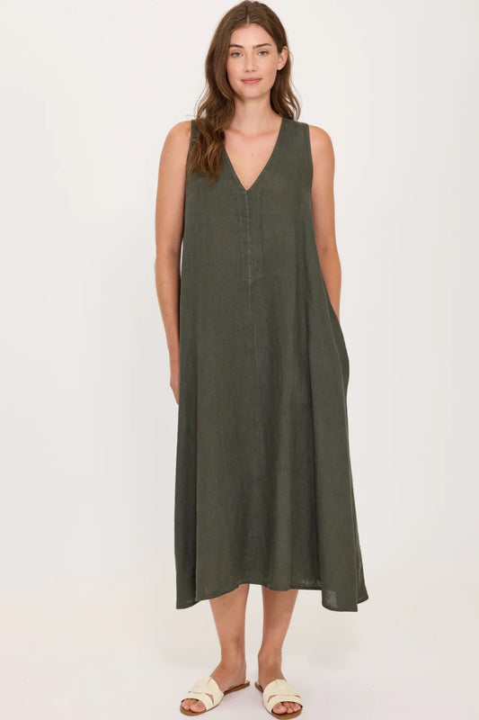 Midi Sleeveless Linen Dress - Military Green
