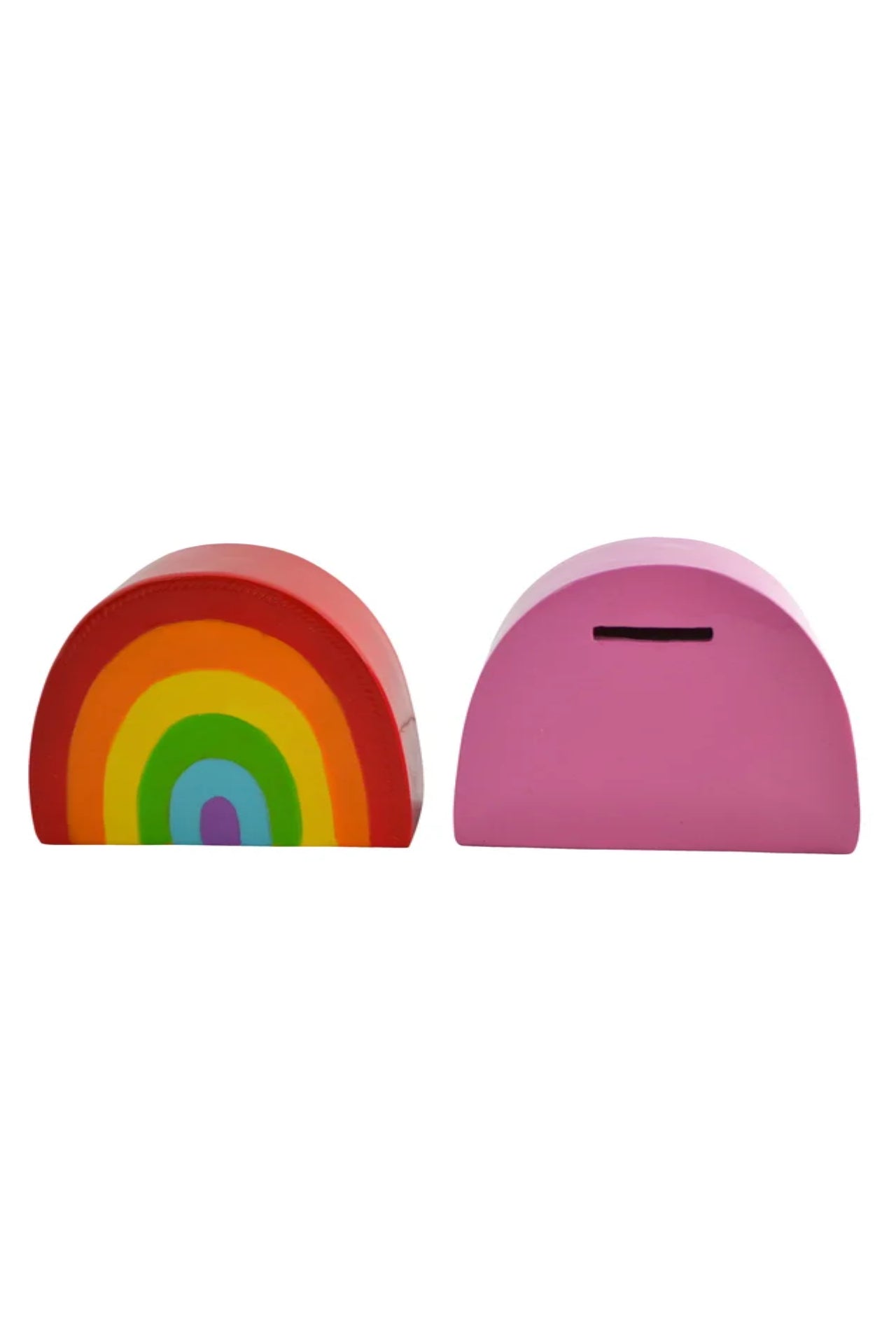 Pink money box with rainbow design on a white background