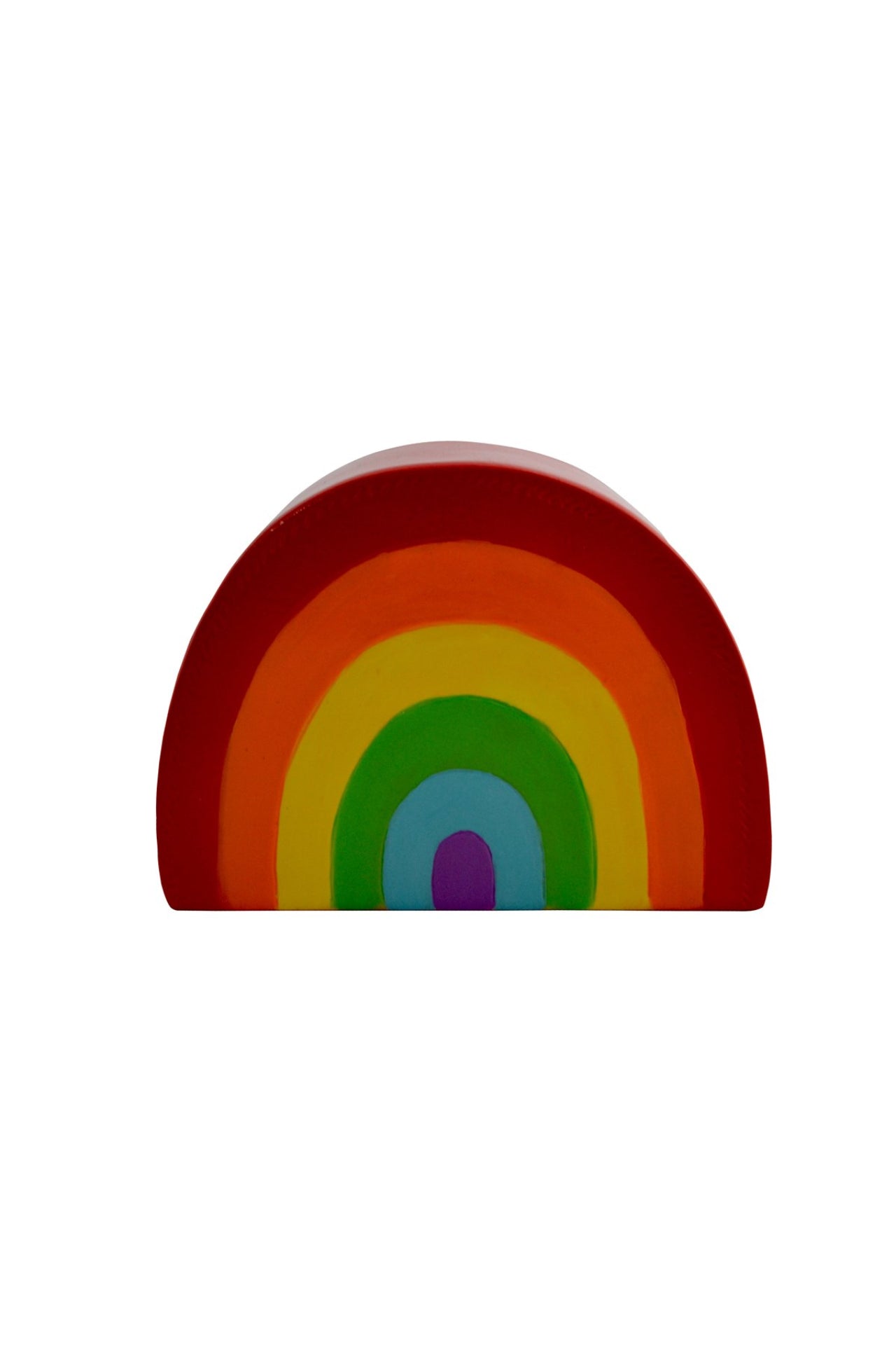 Colourful rainbow-shaped piggy bank on a white background
