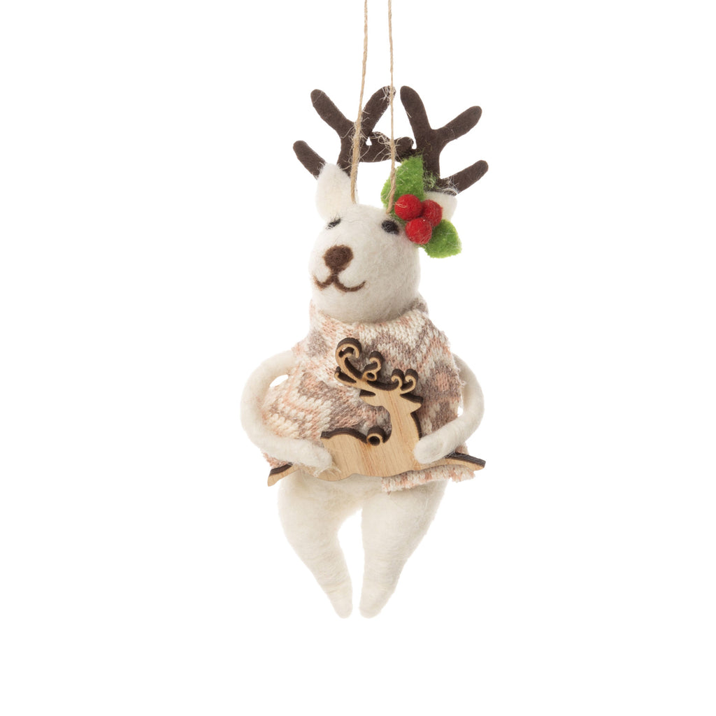 Felted Ornament | Reindeer with Tan Outfits and Wood Accessories - Deer and Holly