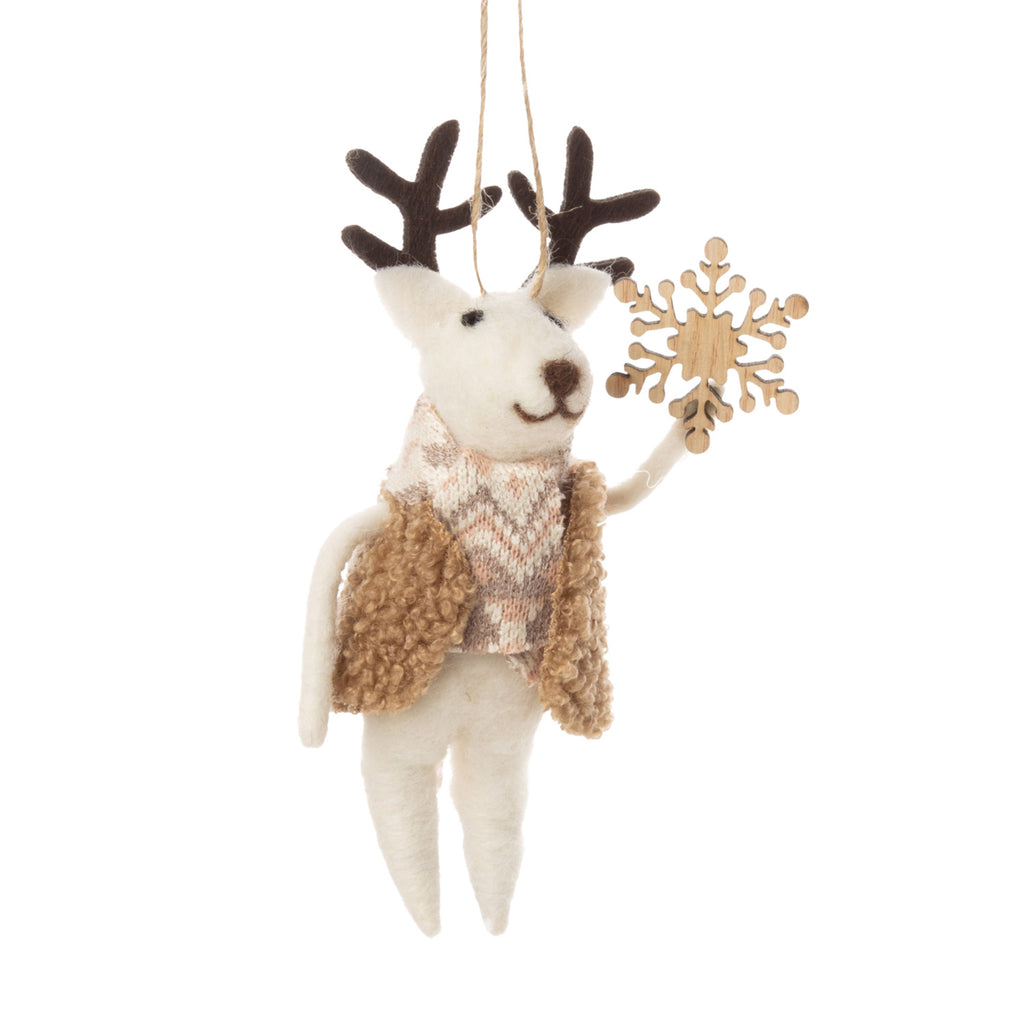 Felted Ornament | Reindeer with Tan Outfits and Wood Accessories - Snowflake