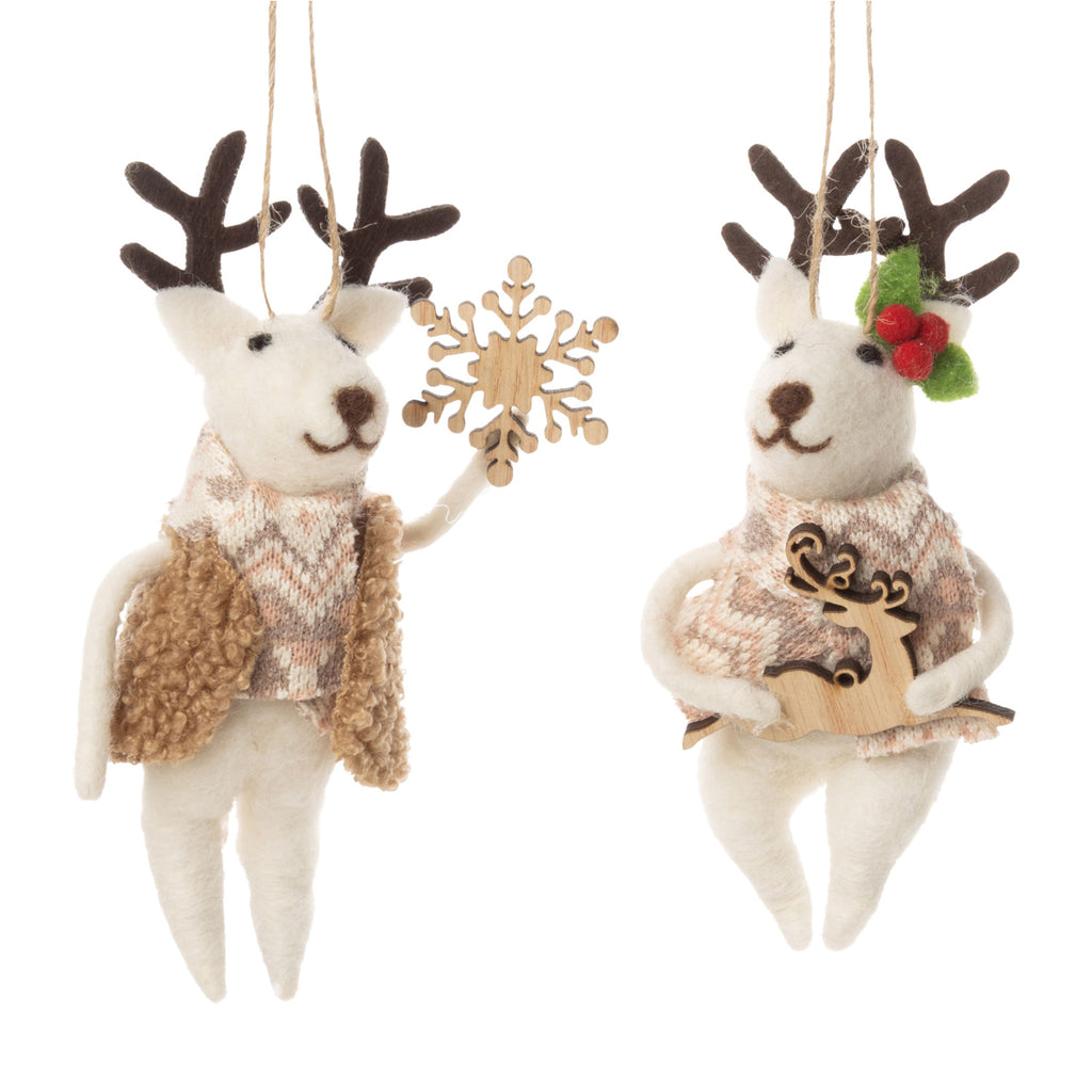 Felted Ornament | Reindeer with Tan Outfits and Wood Accessories