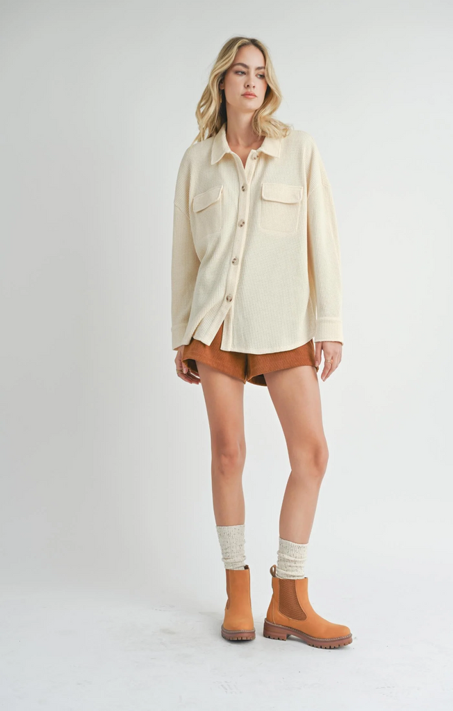 Sadie and Sage Comfy Waffle Knit Shacket | Ivory, Designed in the USA