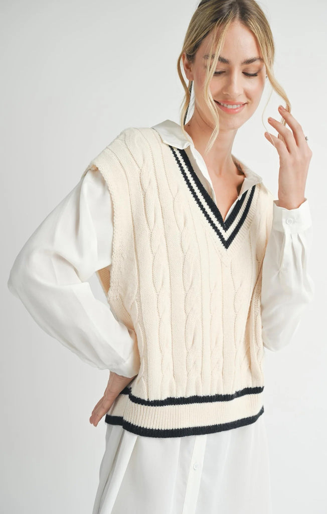 Sadie and Sage - Tara V Neck Cable Sweater - Ivory