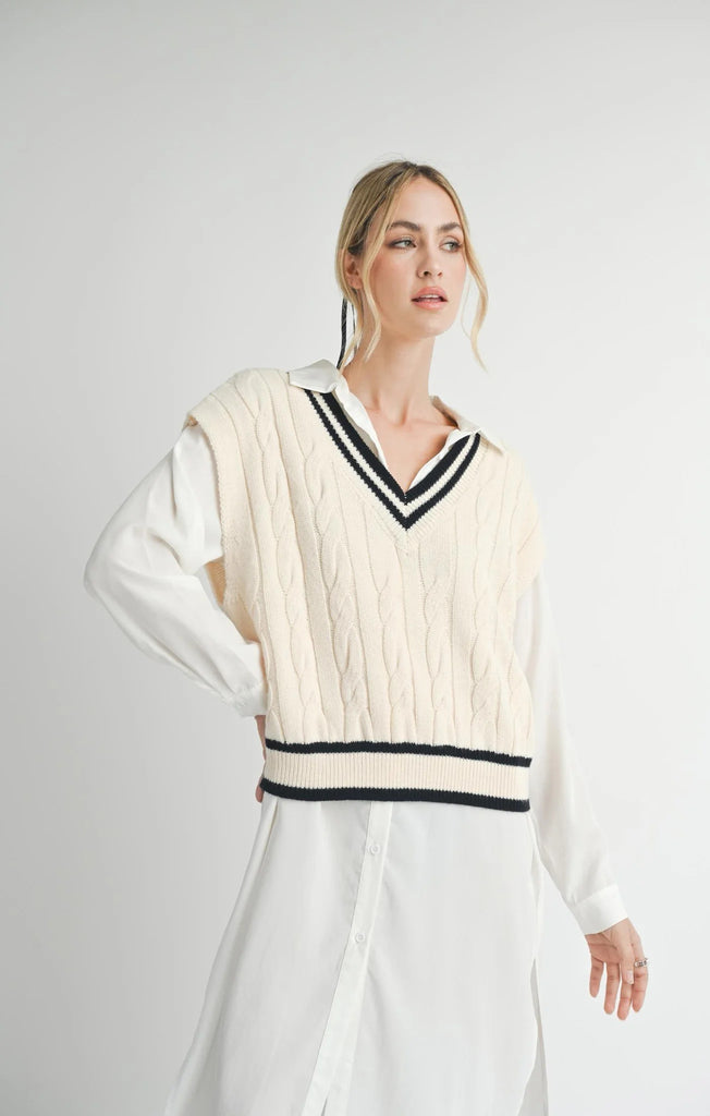 Sadie and Sage - Tara V Neck Cable Sweater - Ivory