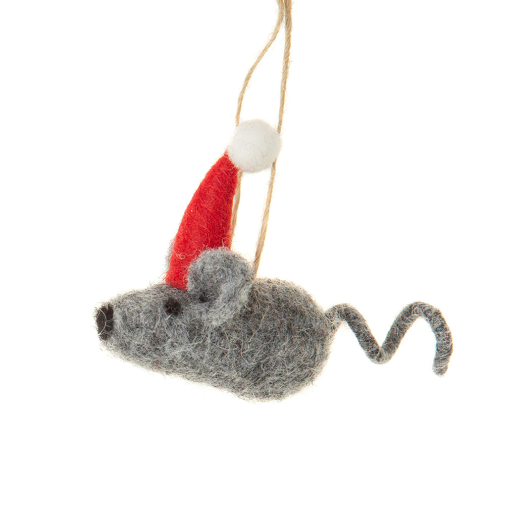 Felted Ornament | Mini Mice with Santa Hat, White and Grey