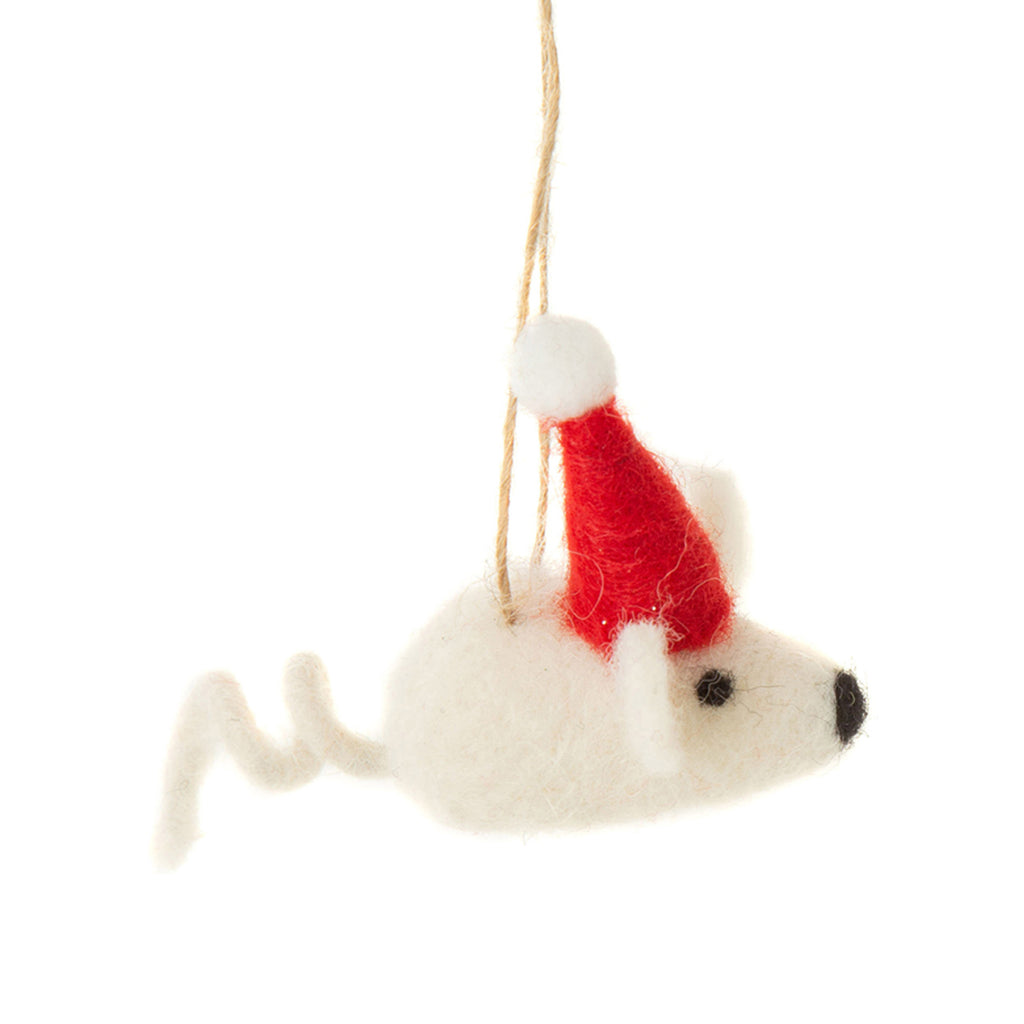 Felted Ornament | Mini Mice with Santa Hat, White and Grey