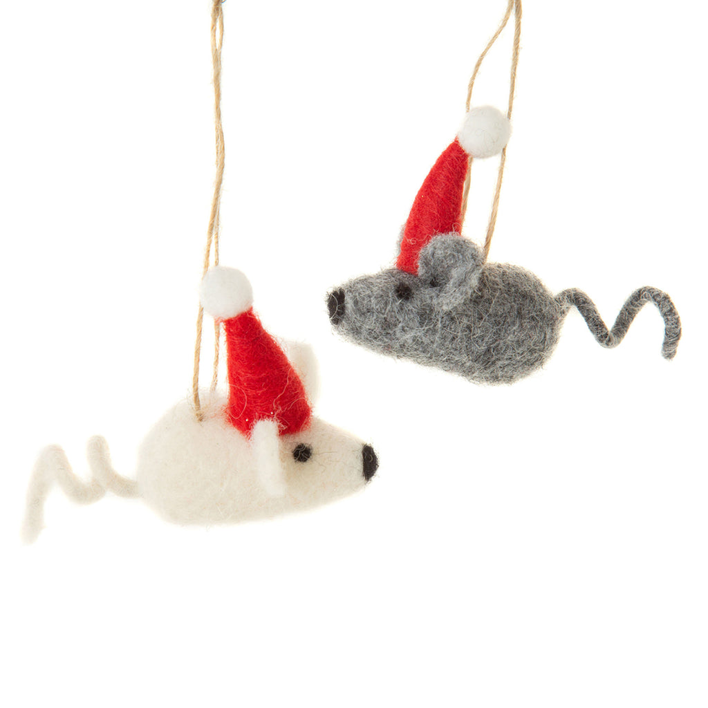 Felted Ornament | Mini Mice with Santa Hat, White and Grey