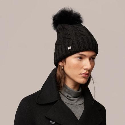 Soia & Kyo Amalie Cable-Knit Hat with Detachable Pompom | Black