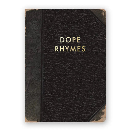 Black leather notebook with 'Dope Rhymes' embossed on the cover against a white background | The Mincing Mockingbird Journal | Dope Rhymes, 120 Pages