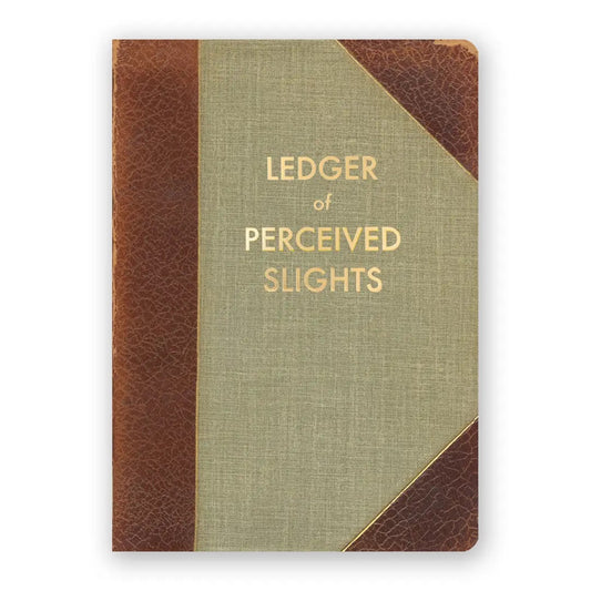Notebook titled 'Ledger of Perceived Slights' with brown leather binding on a white background | The Mincing Mockingbird Journal | Perceived Slights, 120 Pages