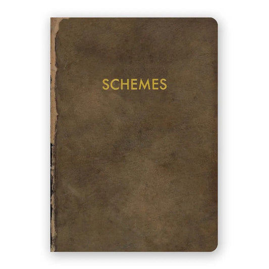 Brown notebook with 'SCHEMES' embossed on the cover against a white background | The Mincing Mockingbird Journal | Schemes, 120 Pages