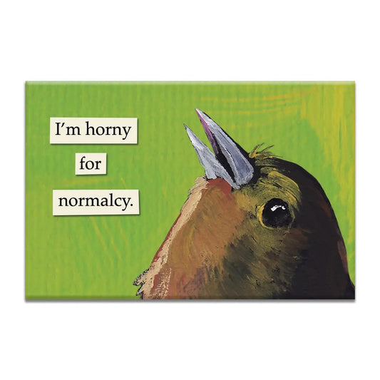 Illustration of a bird with text on a green background  The Mincing Mockingbird | Magnet, Horny For Normalcy