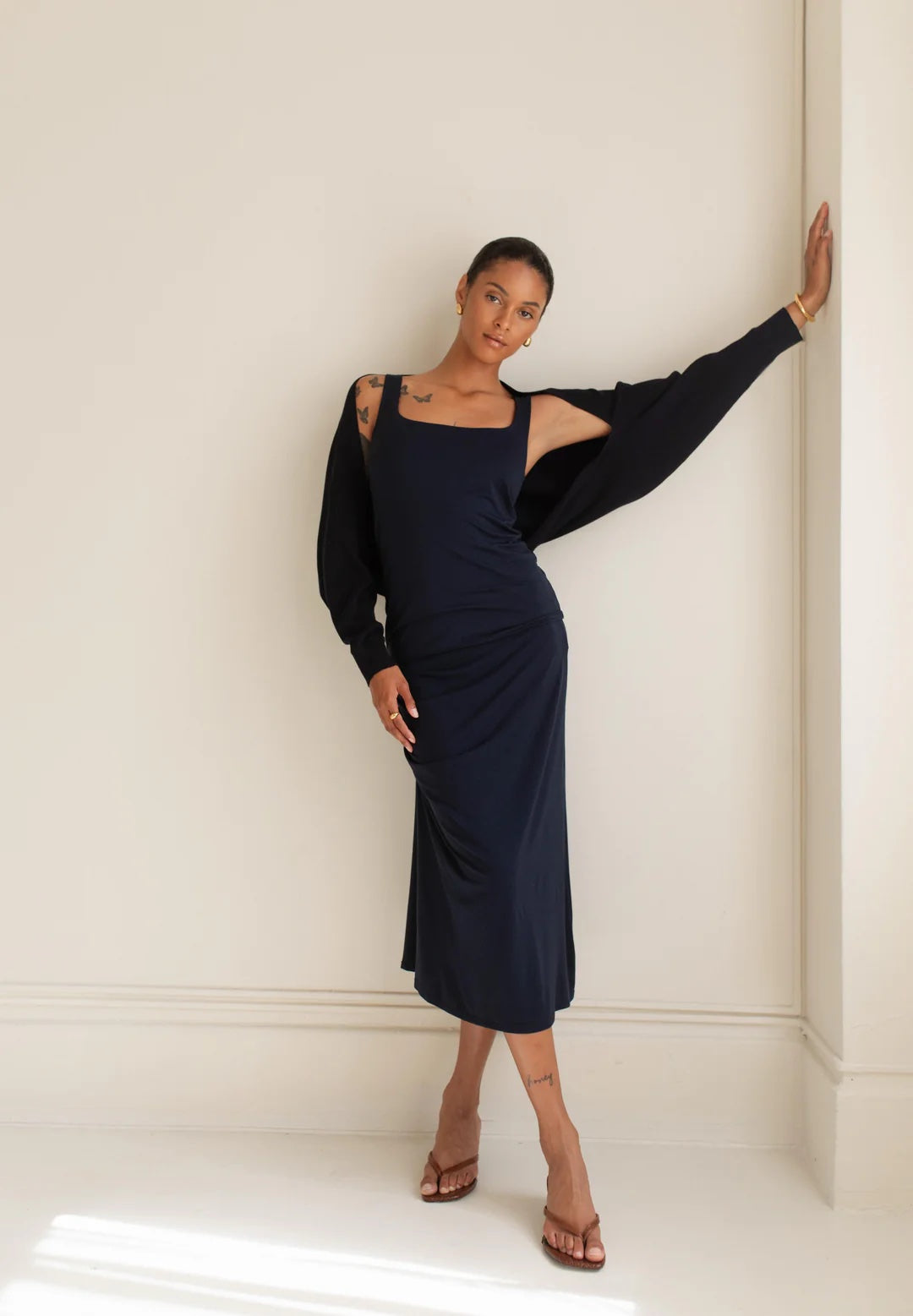 Paper Label Regina Rouched Skirt | Midnight Blue, Designed in Canada