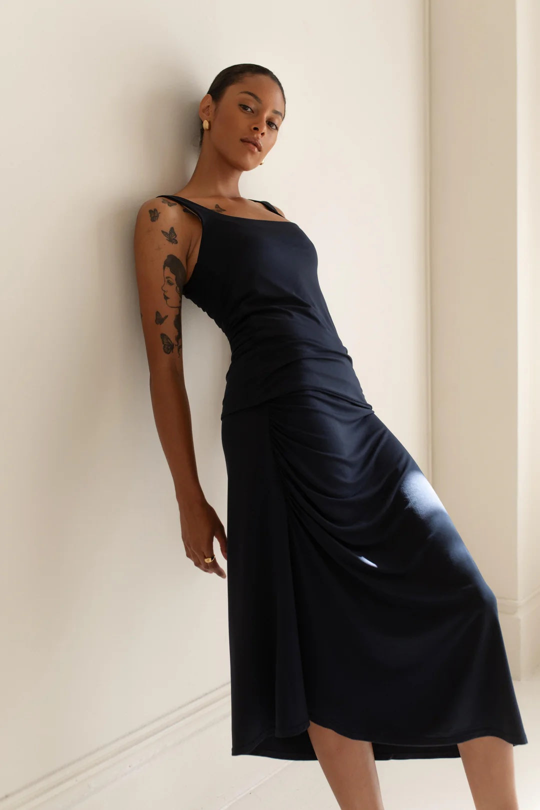 Paper Label Regina Rouched Skirt | Midnight Blue, Designed in Canada