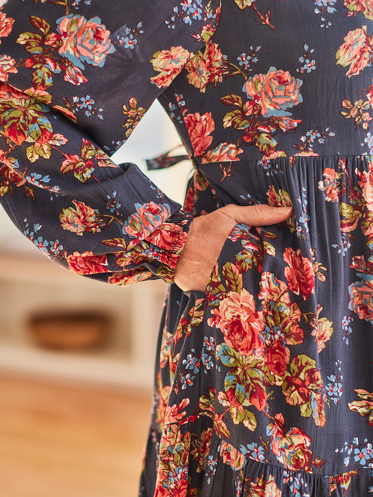 April Cornell Victorian Rose Short Dress, Slate Blue| Canadian Design