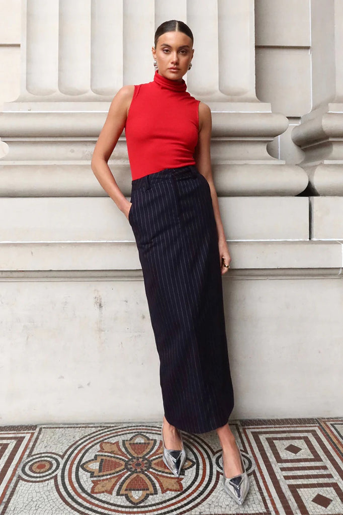 Madison the Label Lloyd Maxi Skirt | Navy Pinstripe, Designed in Australia