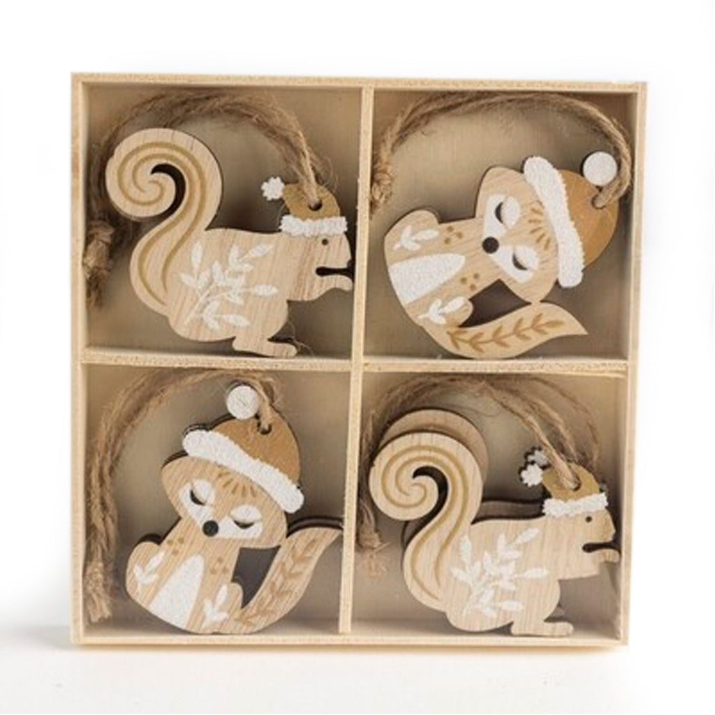 Wooden Ornaments Fox & Squirrel | Set of 8