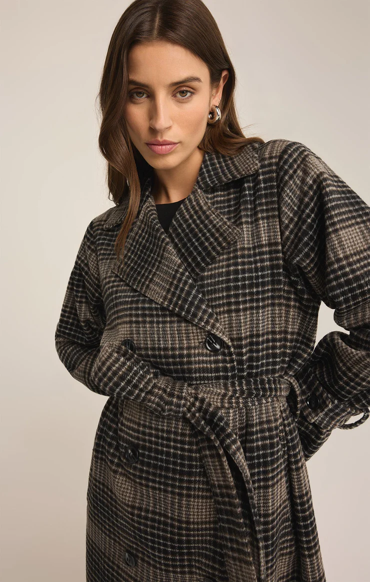 Black plaid trench coat discount