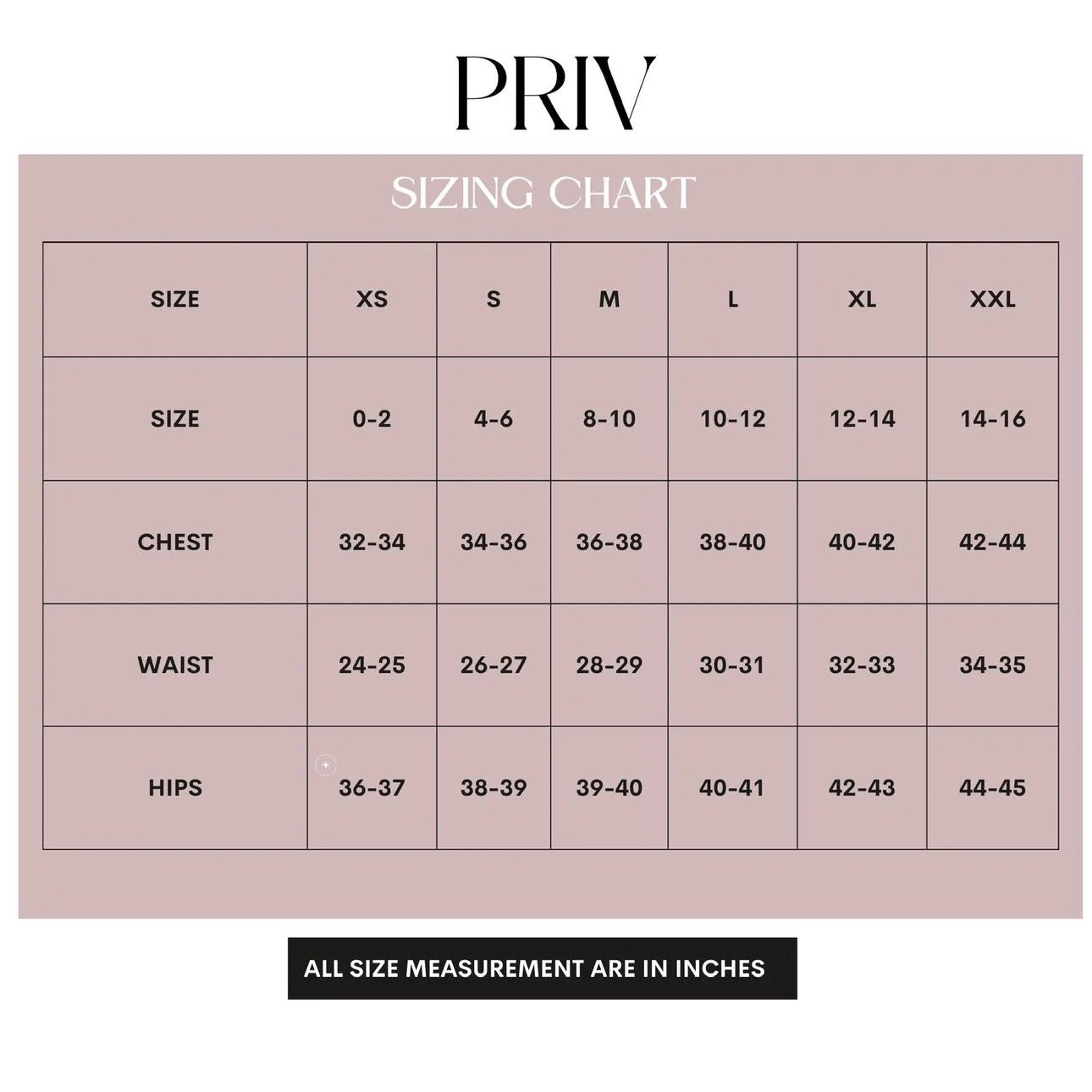 PRIV size chart
