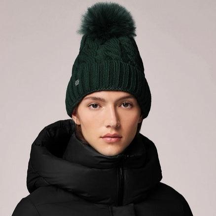 Soia & Kyo Amalie Cable-Knit Hat with Detachable Pompom | Evergreen