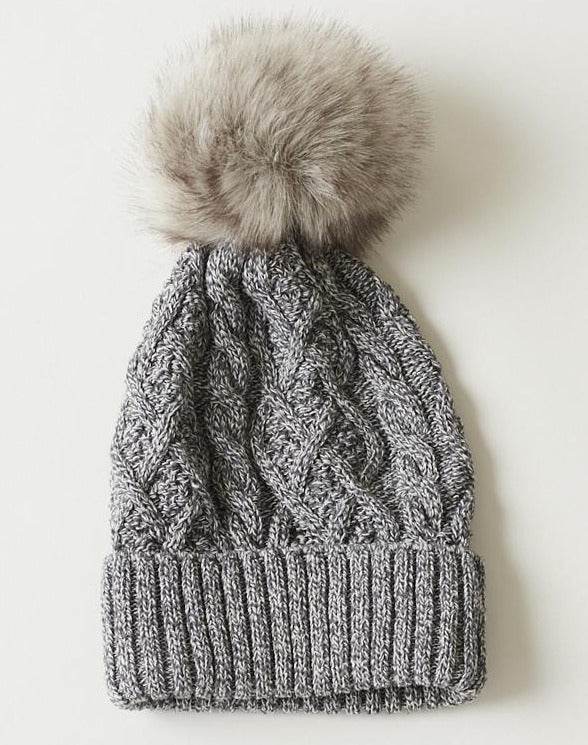 Parkhurst Cable Hat with Faux Fur Pom | Grey